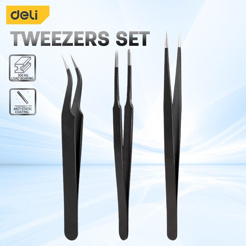 Model Kit Tweezers - Deli ชุดแหนบสแตนเลสเกรด3ชิ้นสำหรับอุปกรณ์อิเล็กทรอนิกส์บัดกรีงานห้องปฏิบัติการการทำเครื่องประดับแบบจำลองงานฝีมือ